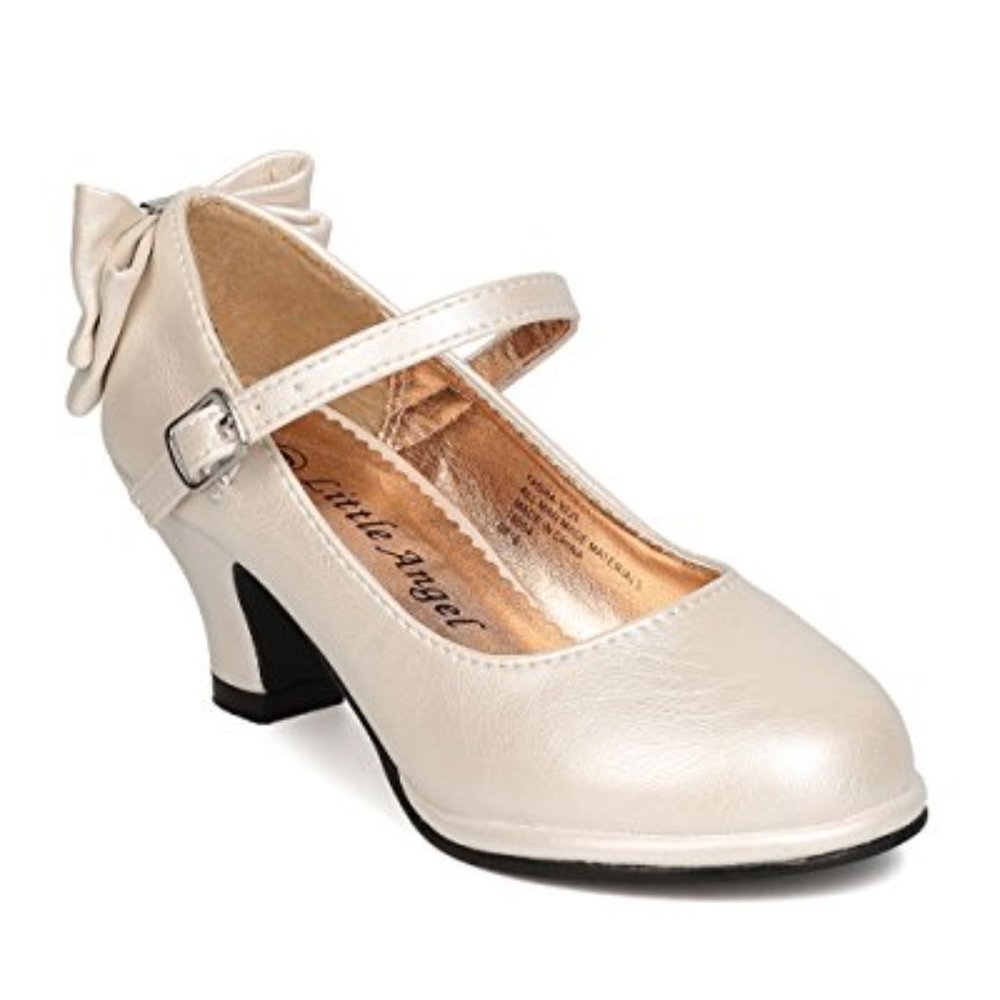 Toddler/Little/Big Girls Leatherette Back Bow Tie Mary Jane Kiddie Heel - Ivory